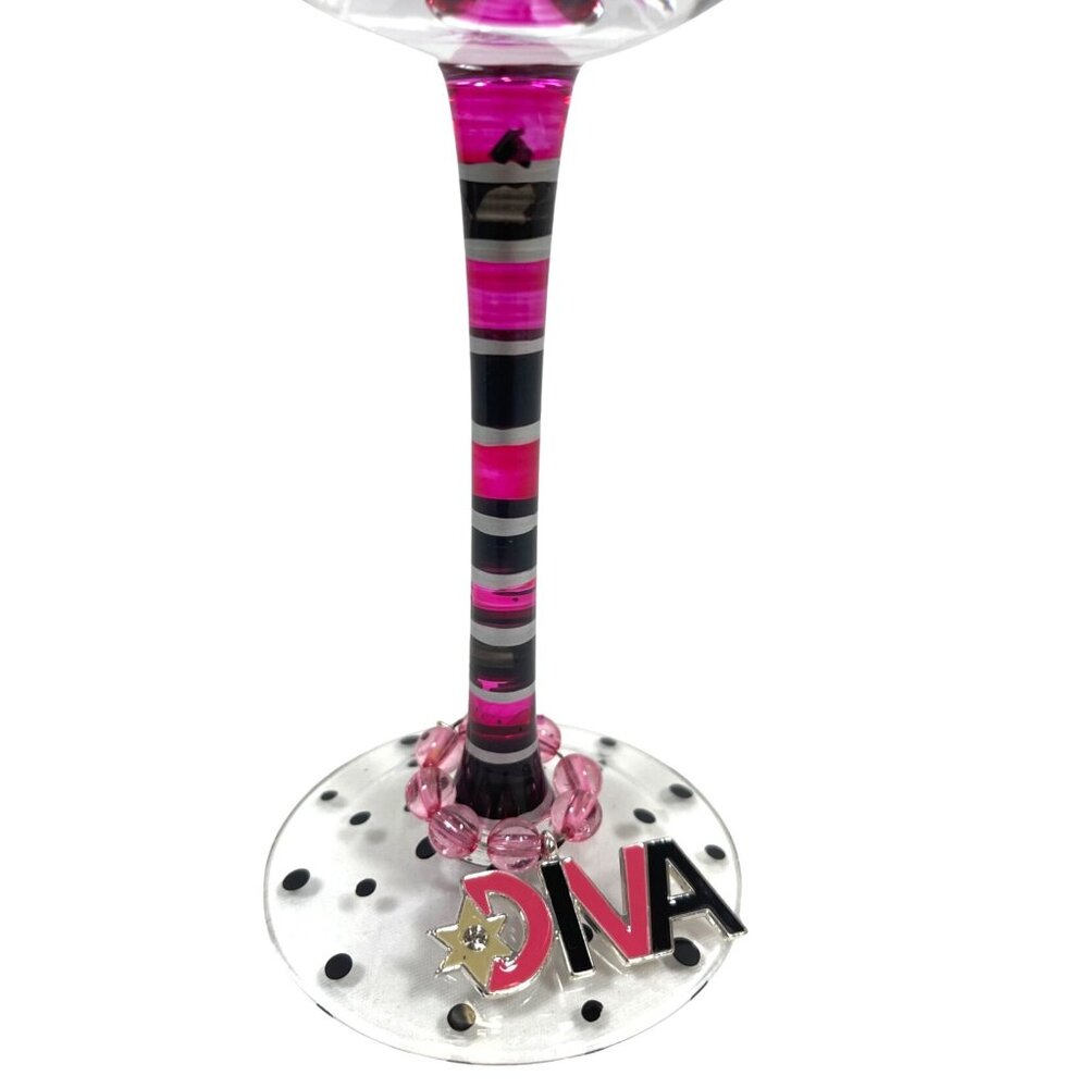 MoMo Panache Wine Goblet Art Glass Diva My Special Moments Wine Charm Pink Black - Picture 6 of 8